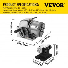 VEVOR Testa di Divisione  BS-0 con Contropunta a 3 Ganasce, Testa Splitter MT2 con Mandrino da 125 mm, Testa Splitter da 23 kg, Altezza del Centro di Indicizzazione 100 mm con Piastre