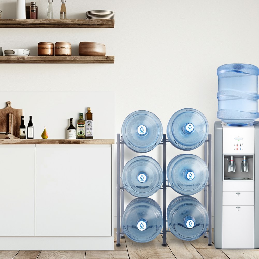 VEVOR 3-Tier Water Jug Holder, 5-Gallon Water Bottle Holder, Double-Row Water Bottle Rack for 6 Bottles, Sturdy Water Jug Rack for Kitchen, Office, Living Room, Silver