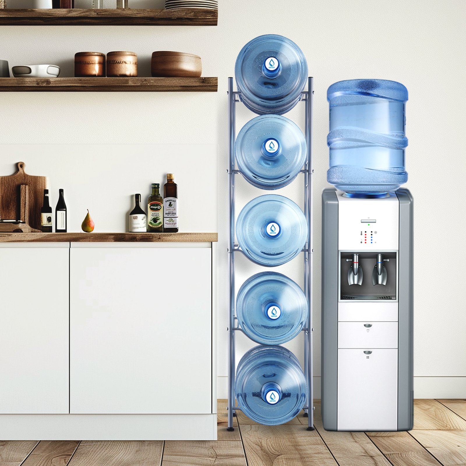 VEVOR Portabottiglie per Acqua a 5 Livelli, Portabottiglie per Acqua da 18,9 L, Portabottiglie a Singola Fila per 5 Bottiglie, Portabottiglie Acqua Resistente per Cucina, Ufficio, Soggiorno, Argento