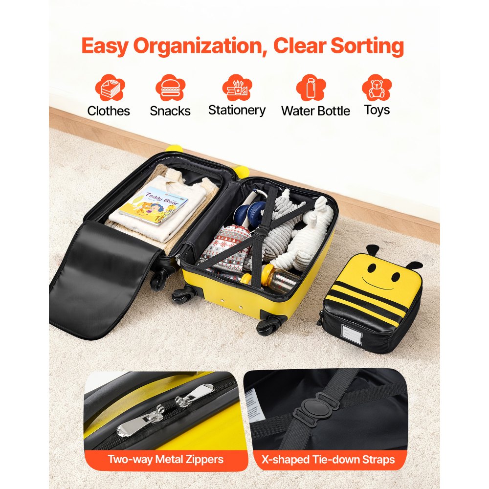 VEVOR Set di Valigie per Bambini da 5 Pezzi, Valigia Rigida con Ruote da 45,7 cm, Zaino e Cuscino a U, a Forma di Ape, Regalo di Compleanno per Bambini, Approvato dalle Compagnie Aeree