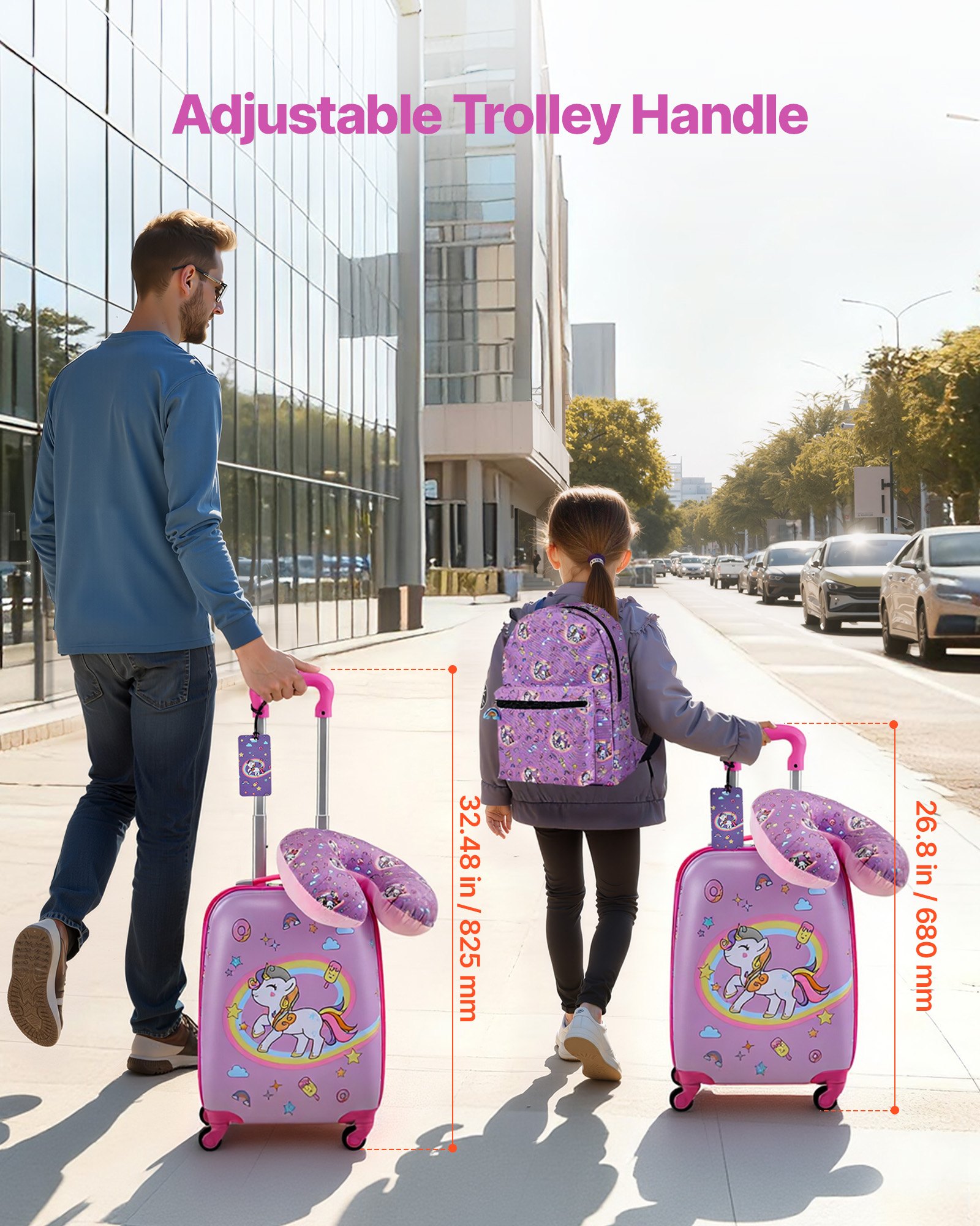 VEVOR Set di Valigie per Bambini da 5 Pezzi, Valigia Rigida con Ruote da 45,7 cm, Zaino e Cuscino a U, a Forma di Unicorno, Regalo di Compleanno per Bambini, Approvato dalle Compagnie Aeree