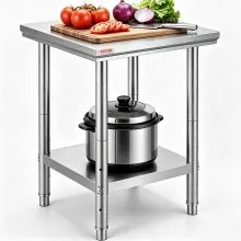 VEVOR 60 x 60 x 80cm Piano Lavoro per Cucina Commerciale in Acciaio Inox, Tavolo di Lavoro da Cucina 2 Piani Altezza Regolabile, Tavolo da Lavoro per Cucina Professionale in Acciaio Inox con 4 Gambe