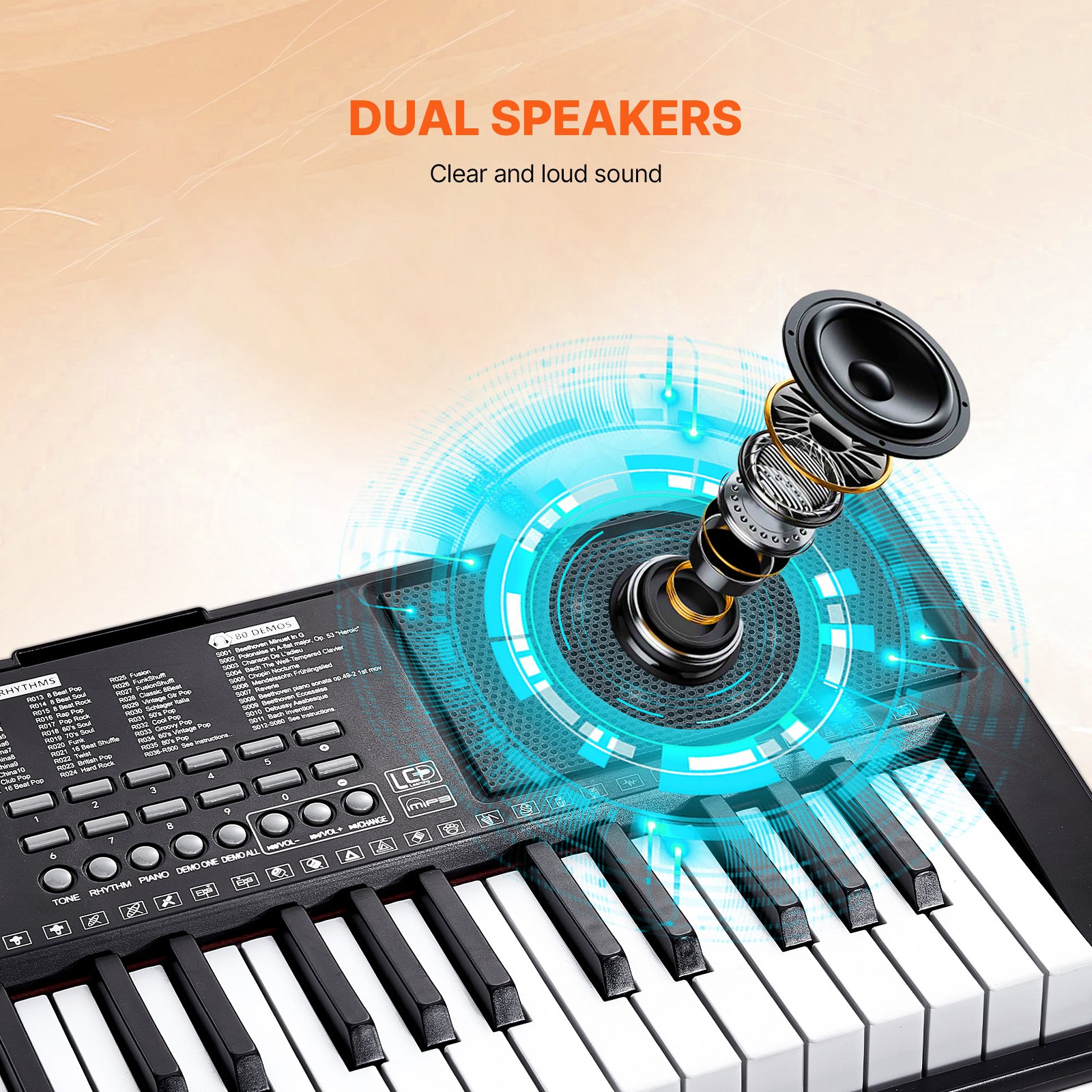 VEVOR 61-key digital piano, backlit keys, portable electric piano with adjustable stand, 600 tones, 500 rhythms, built-in speakers, sustain pedal, headphones, microphone, USB MIDI for beginners