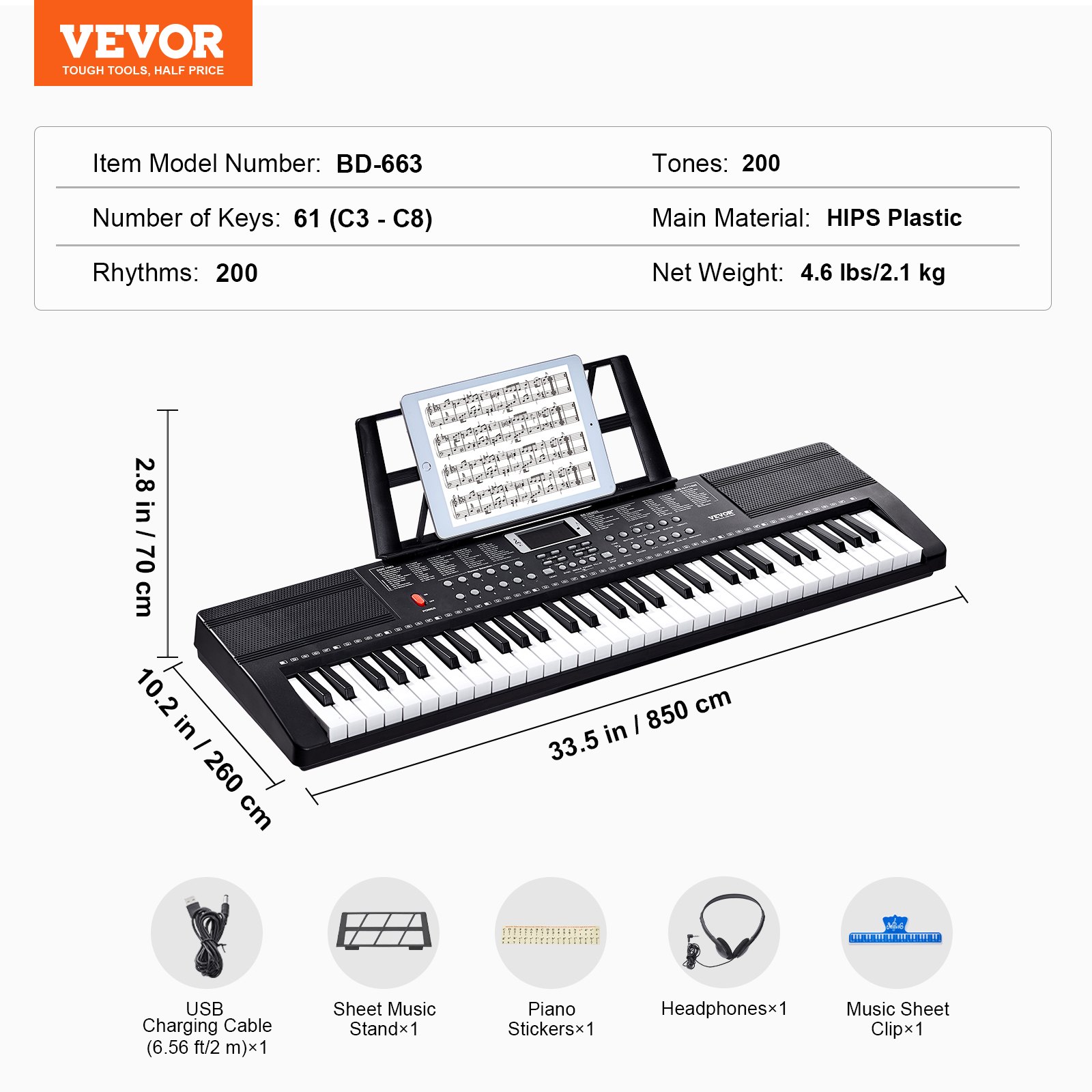 VEVOR Digital Piano with 61 Keys, 200 Tones, 200 Rhythms, Portable Electric Piano Keyboard Kit with 60 Demo Songs, Built-in Dual Speakers, Headphones, Microphone, Piano Stickers for Beginners
