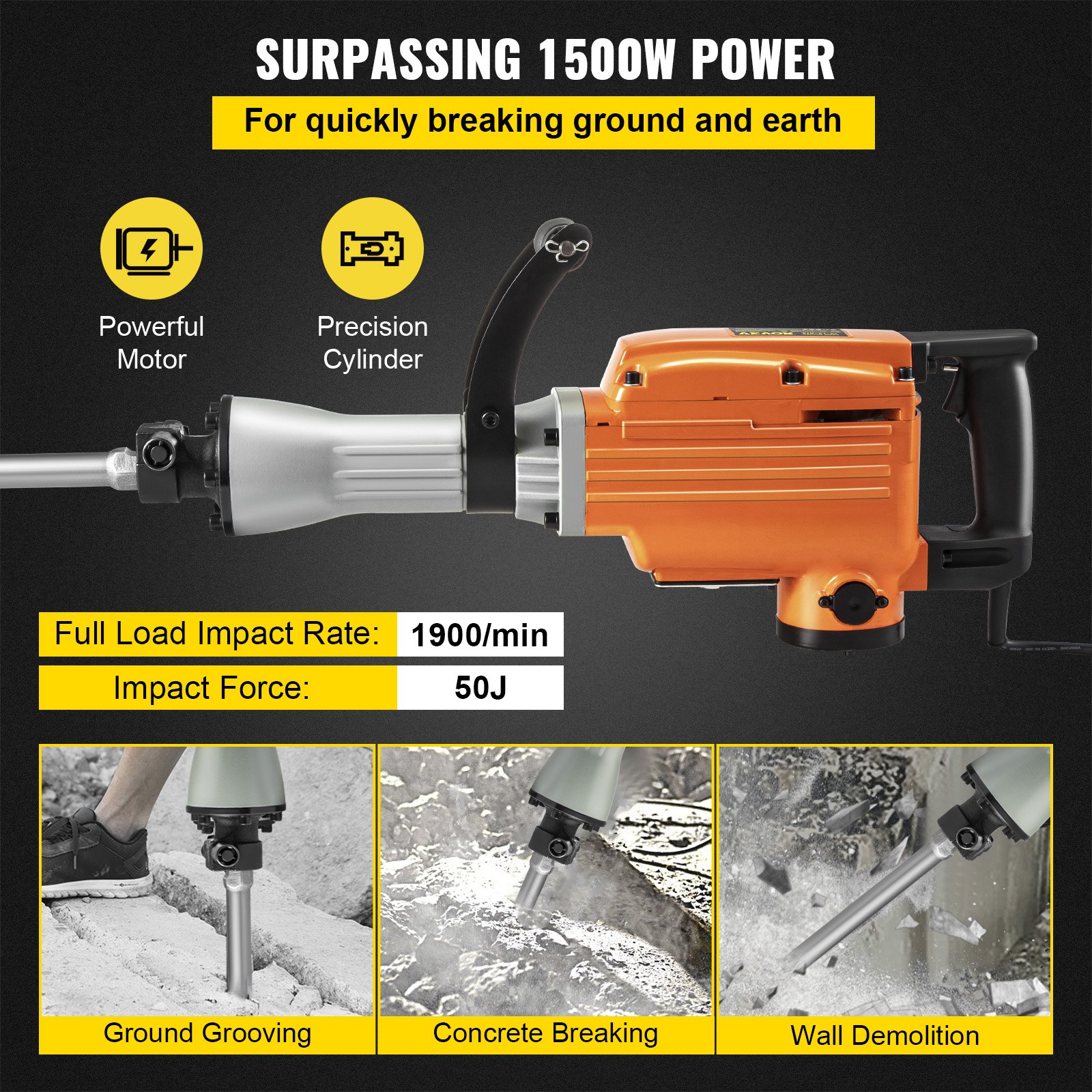 VEVOR Martello Demolitore Elettrico 1500W 65A Martello Demolitore con Impugnatura Ergonomica Rotante a 360° per Calcestruzzo, Mattoni, Stucchi di Piastrelle, Rimozione di Fondamenta di Alloggiamenti