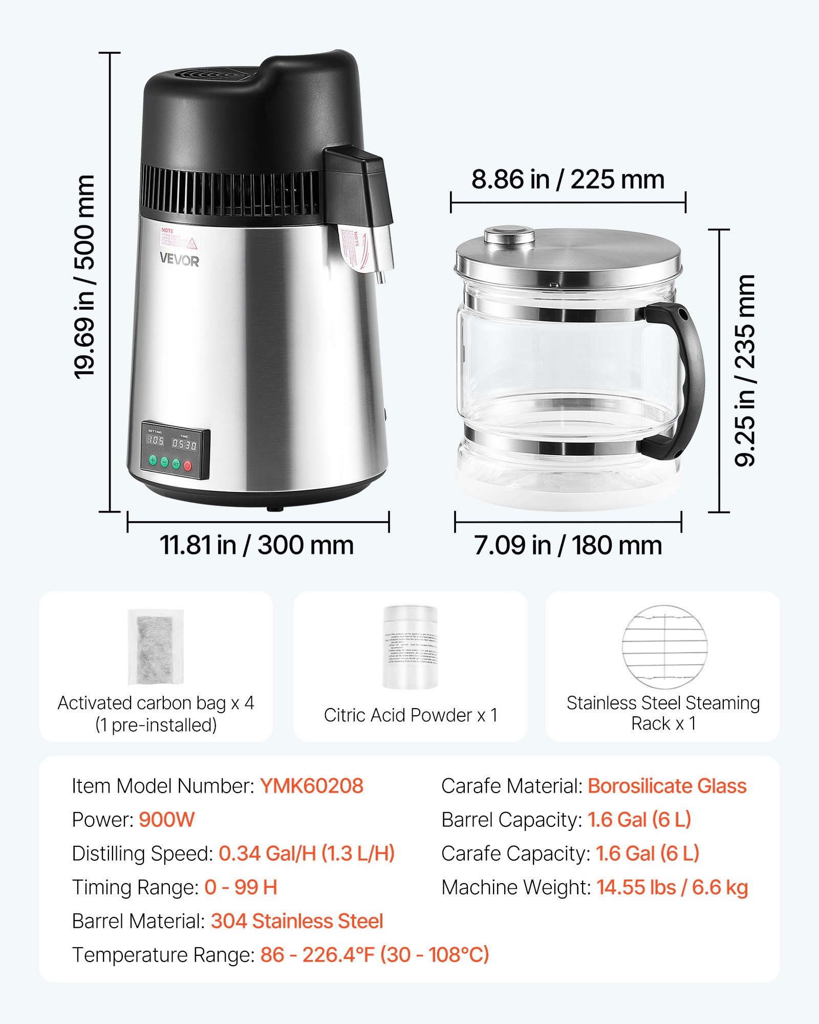 VEVOR Water Distiller, 6L 1.6 Gallon Larger Pure Water Purifier Filter For Home Table Countertop, 900W Glass Pot Distilled Maker, Stainless Steel Interior Drinking Machine to Make Clean Waters, Silver