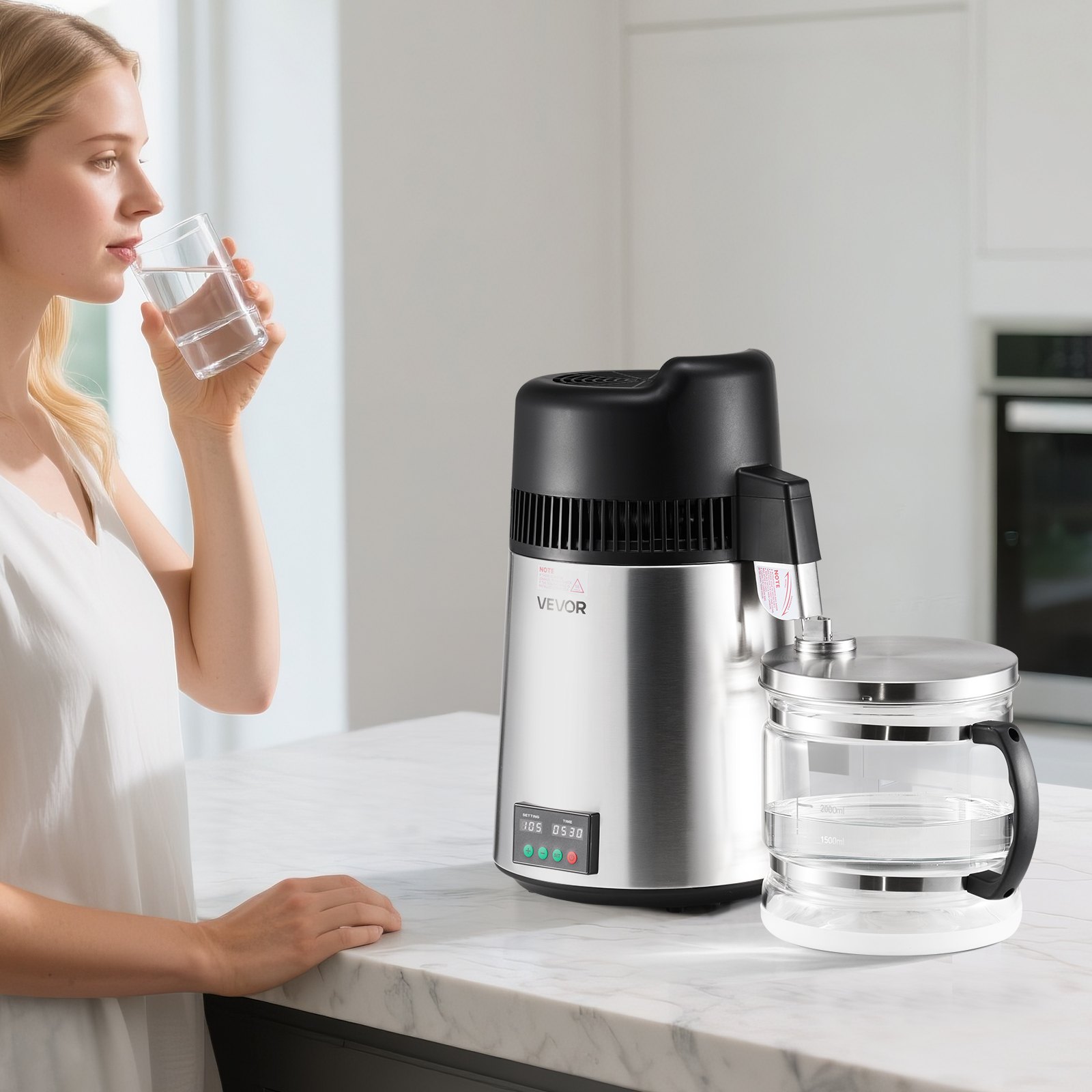 VEVOR Water Distiller, 6L 1.6 Gallon Larger Pure Water Purifier Filter For Home Table Countertop, 900W Glass Pot Distilled Maker, Stainless Steel Interior Drinking Machine to Make Clean Waters, Silver