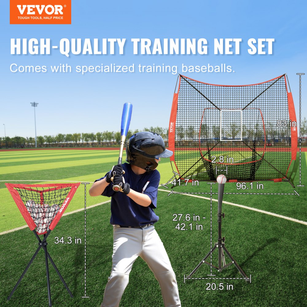 VEVOR Rete da allenamento per softball da baseball, 7x7 piedi, Rete da allenamento portatile per colpire, catturare, lanciare, Attrezzatura antiretro con telaio per arco, 12 palline