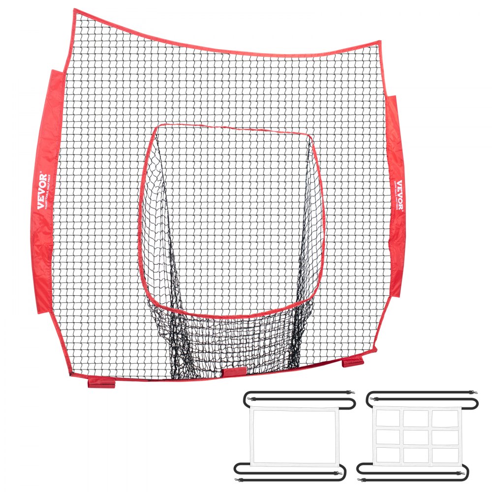 Rete da allenamento per baseball VEVOR con telaio rosso e rete nera, include due attacchi per bersagli.