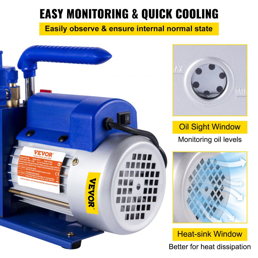 VEVOR Vacuum Pump 7 CFM 1/3 HP Single-Stage Air Conditioning Vacuum Pump 220V 5PA Ultimate Vacuum Refrigerant HVAC Tool for Automotive Repair Vacuum Evacuation