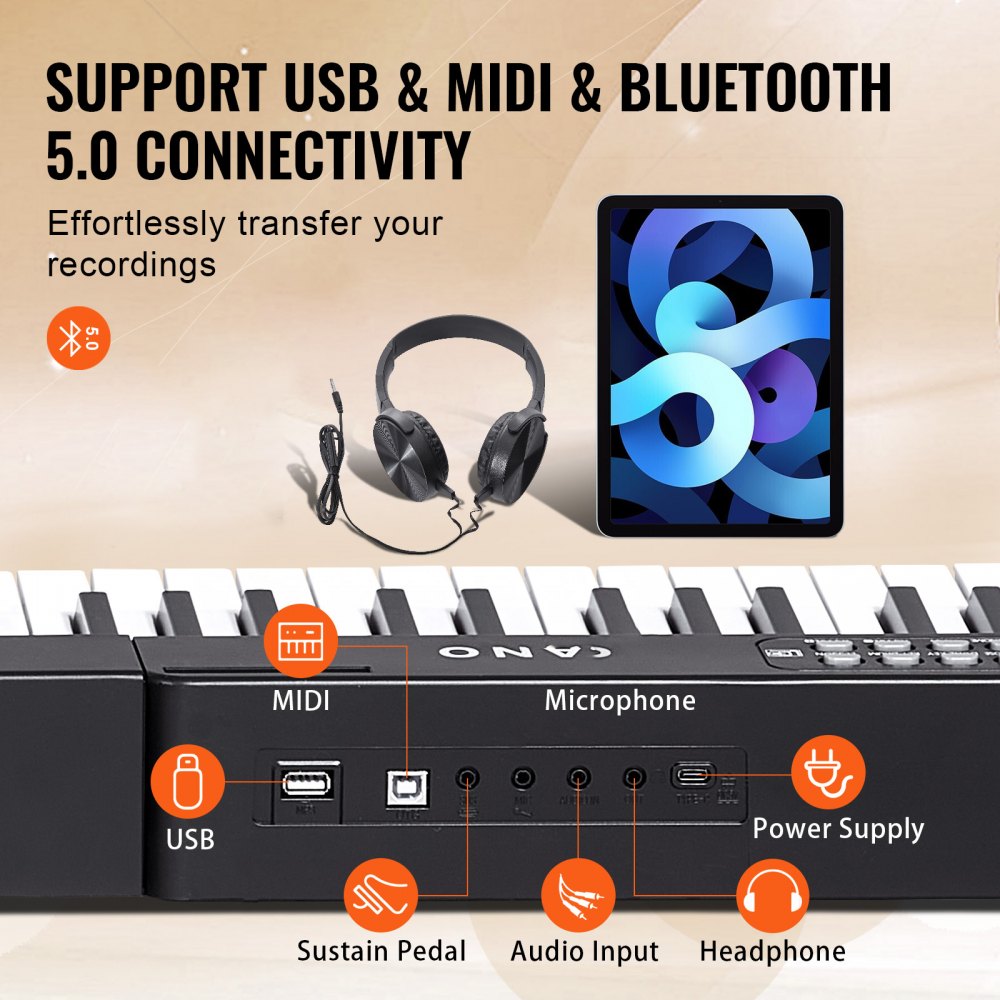 VEVOR Tastiera Pianoforte Digitale, 88 Tasti Semi-pesati, Set Tastiera Elettrica con Supporto Regolabile, Altoparlanti Incorporati, Pedale Sustain, Cuffie, Bluetooth MIDI USB, per Principianti