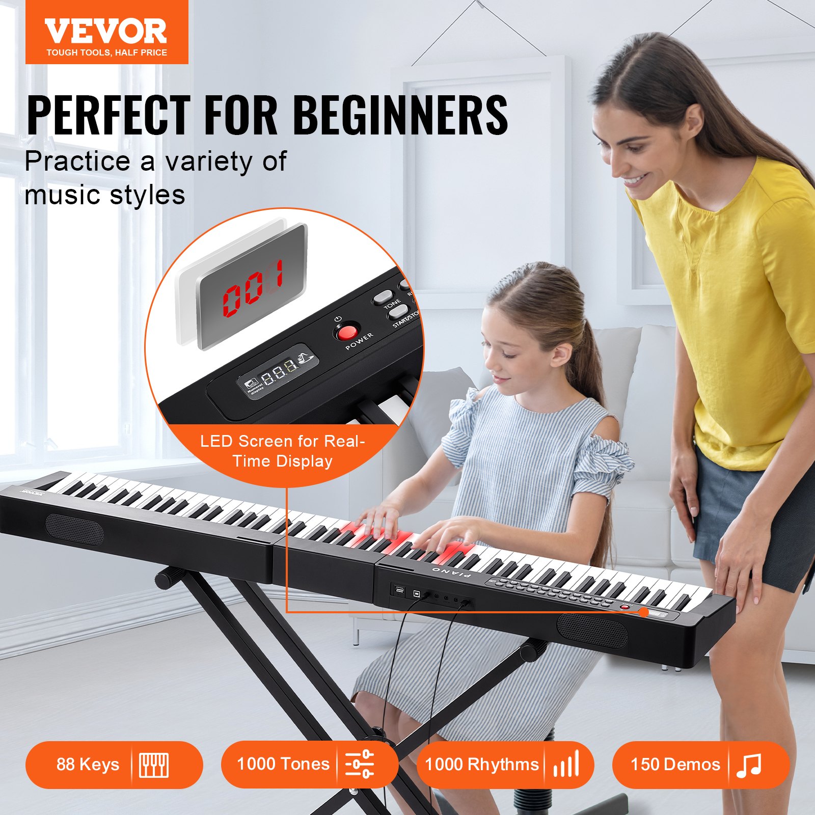 VEVOR Tastiera Pianoforte Digitale, 88 Tasti Semi-pesati, Set Tastiera Elettrica con Supporto Regolabile, Altoparlanti Incorporati, Pedale Sustain, Cuffie, Bluetooth MIDI USB, per Principianti