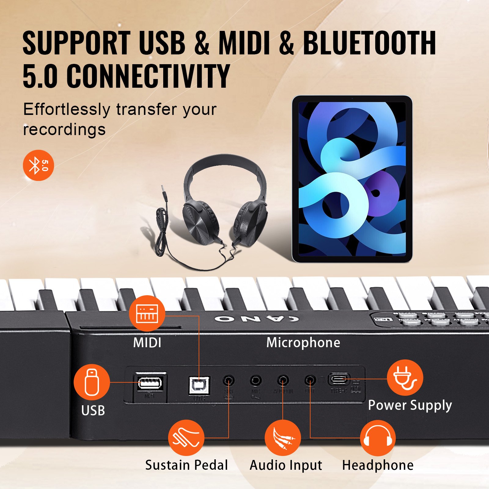 VEVOR Tastiera Pianoforte Digitale, 88 Tasti Semi-pesati, Set Tastiera Elettrica con Supporto Regolabile, Altoparlanti Incorporati, Pedale Sustain, Cuffie, Bluetooth MIDI USB, per Principianti