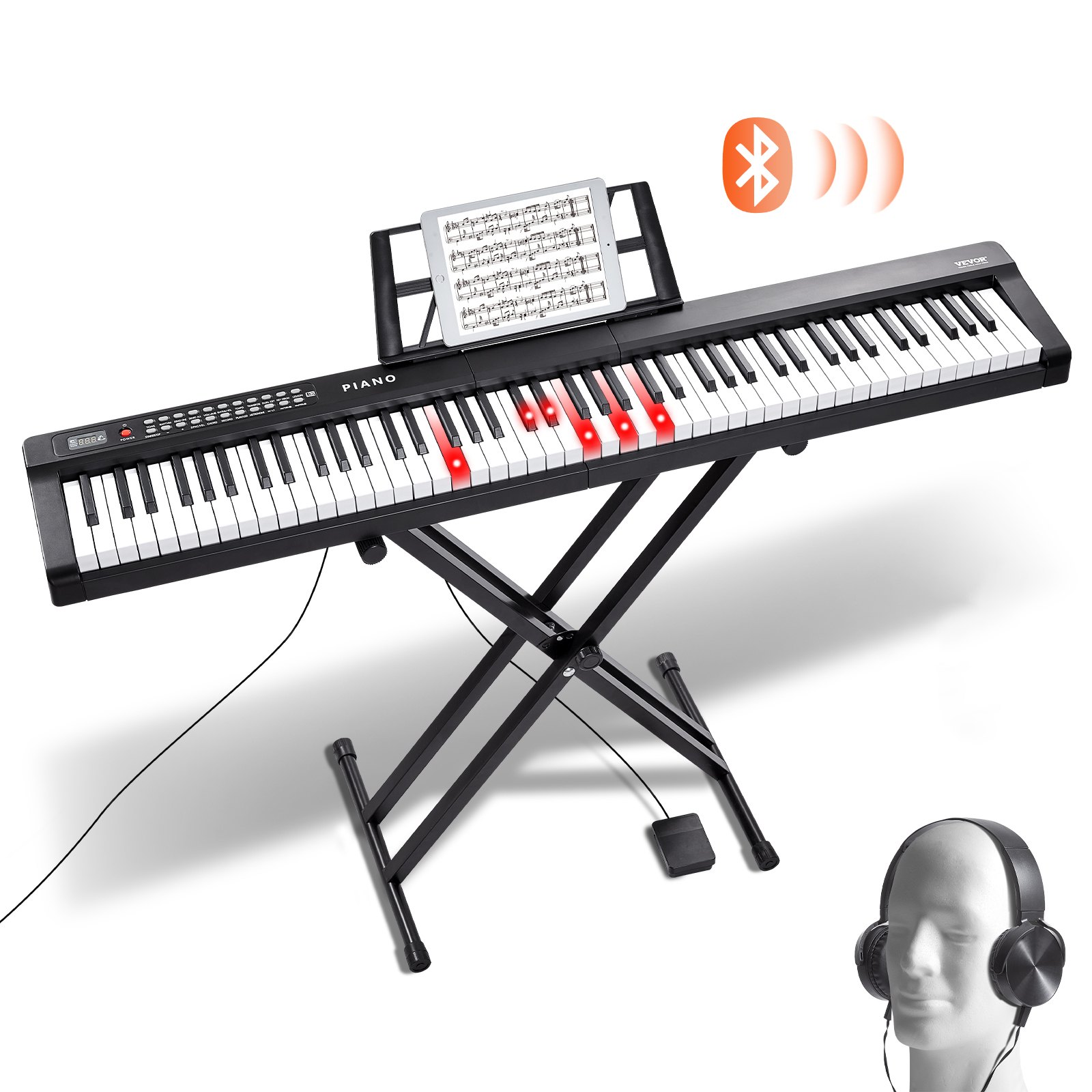 VEVOR Tastiera Pianoforte Digitale, 88 Tasti Semi-pesati, Set Tastiera Elettrica con Supporto Regolabile, Altoparlanti Incorporati, Pedale Sustain, Cuffie, Bluetooth MIDI USB, per Principianti