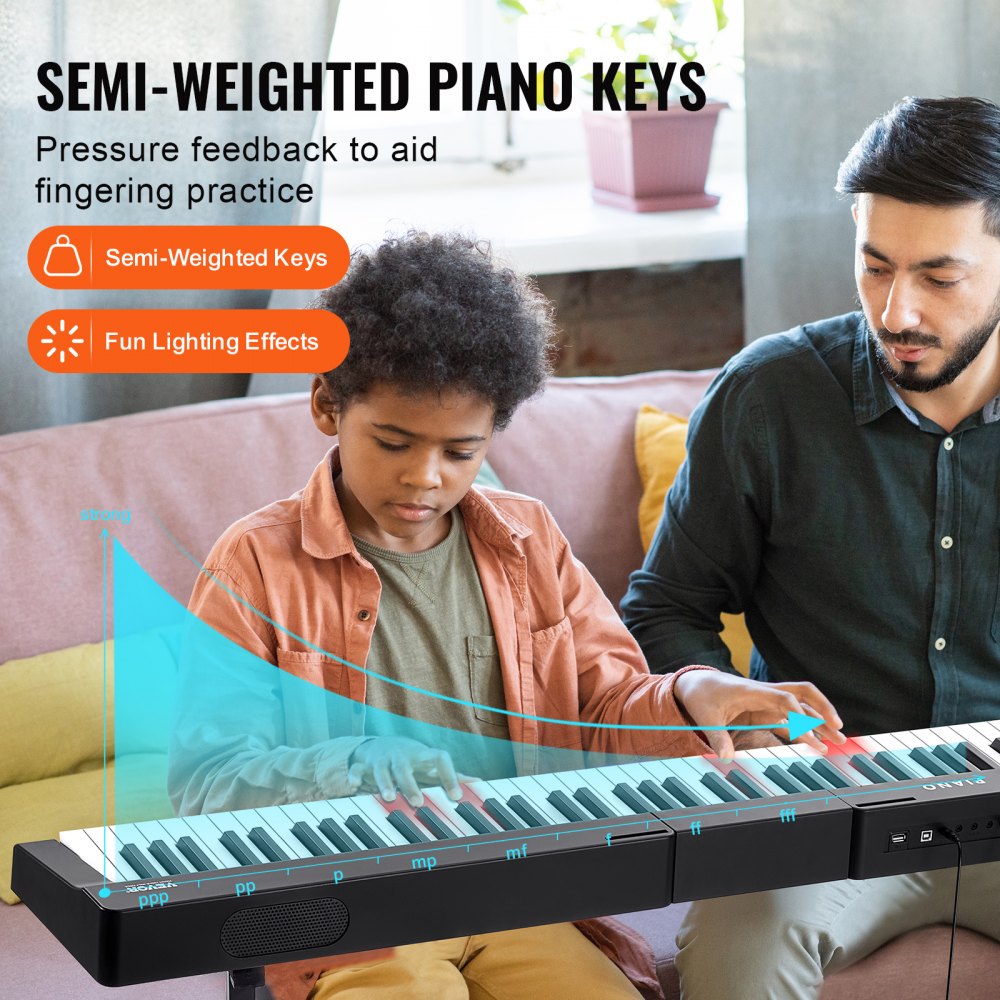 VEVOR Tastiera Pianoforte Digitale, 88 Tasti Semi-pesati, Tastiera Elettrica Dimensioni Full, 1000 Suoni, Altoparlanti Incorporati, Pedale Sustain, Cuffie, Bluetooth, MIDI, USB, per Principianti