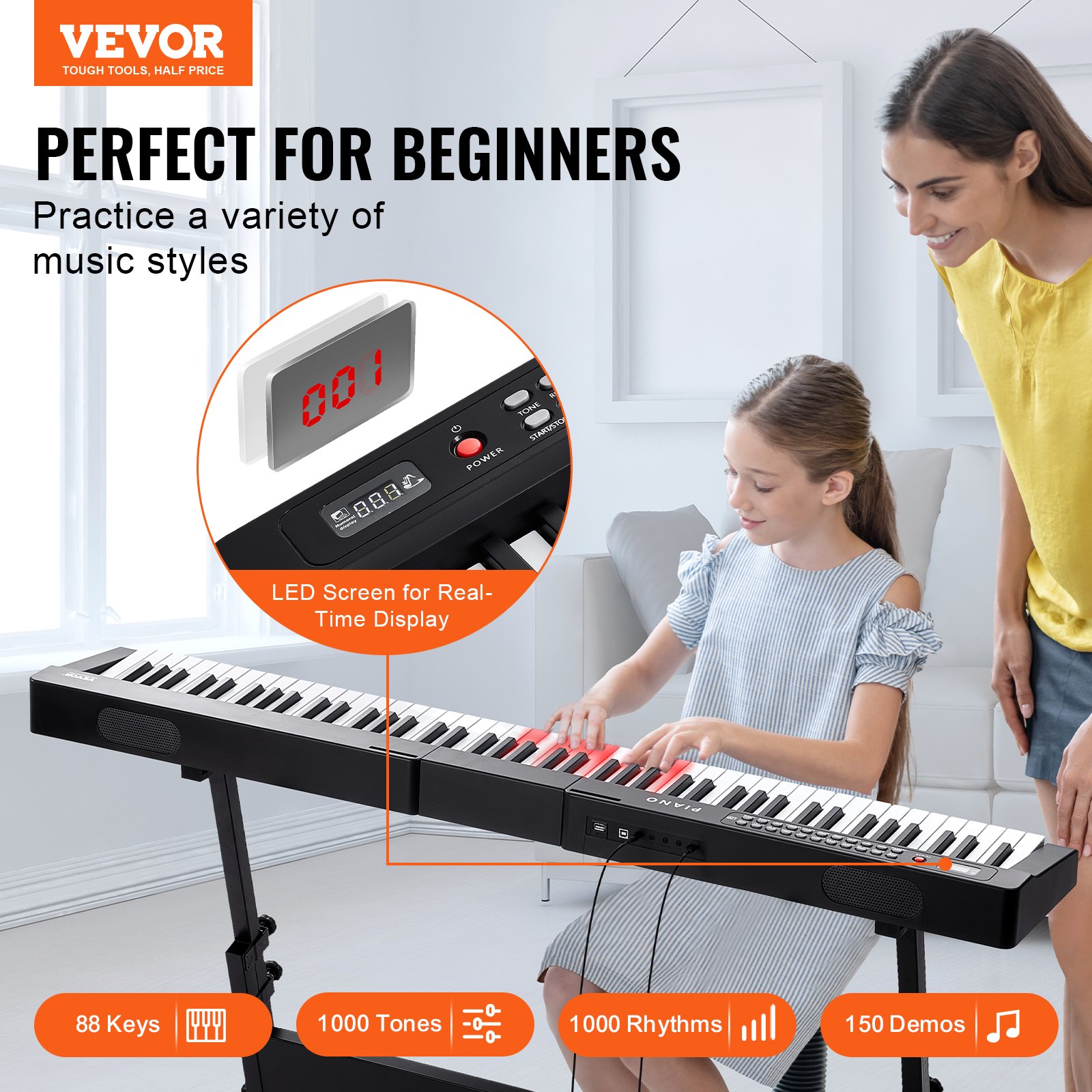 VEVOR Digital Piano with 88 keys, semi-weighted keys, portable full-size electric keyboard piano set with 1000 tones, built-in speakers, sustain pedal, headphones, Bluetooth, MIDI, USB for beginners