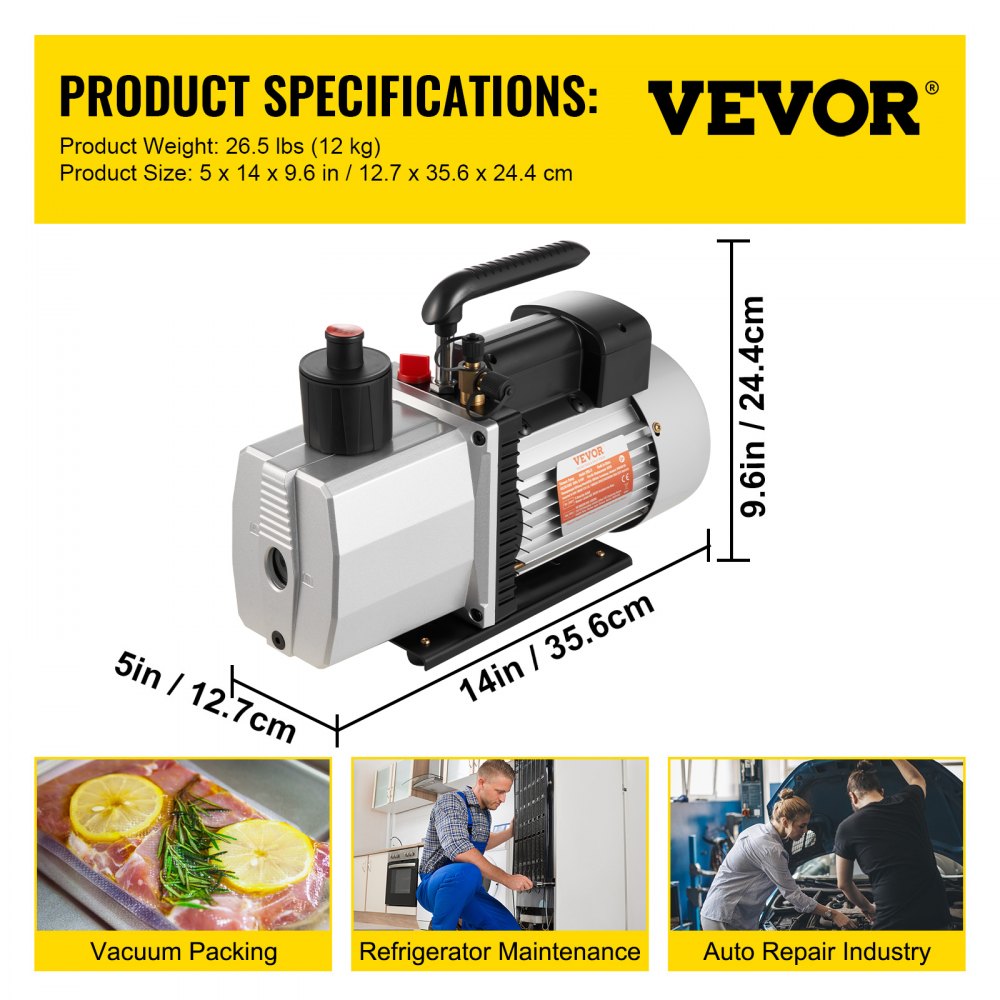 VEVOR Pompa a Vuoto 35,6 x 12,7 x24,4 cm Pompa a Vuoto per Aria Condizionata 226,53 L/min a Due Stadi 220V 0,3PA Strumento HVA per Vuoto Ultimate per Riparazione di Automobili Evacuazione Sotto Vuoto