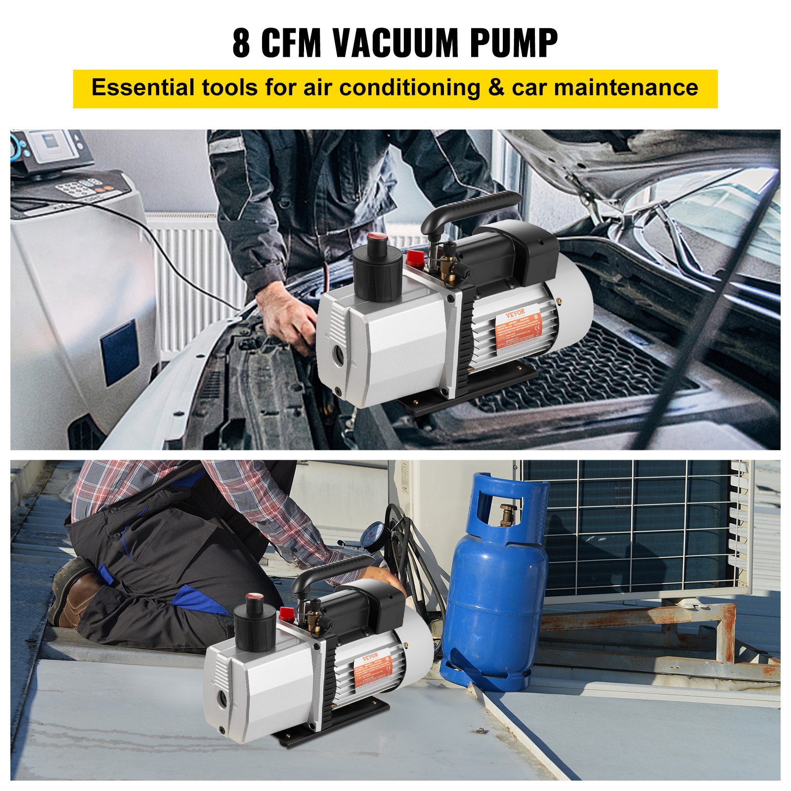 VEVOR Pompa a Vuoto 35,6 x 12,7 x24,4 cm Pompa a Vuoto per Aria Condizionata 226,53 L/min a Due Stadi 220V 0,3PA Strumento HVA per Vuoto Ultimate per Riparazione di Automobili Evacuazione Sotto Vuoto