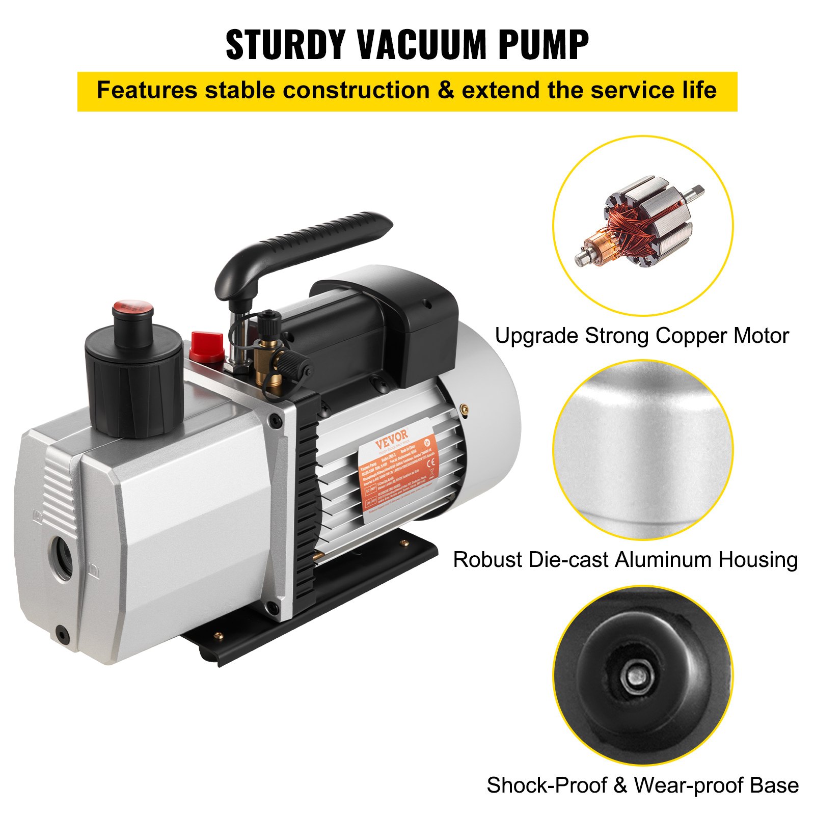 VEVOR Pompa a Vuoto 35,6 x 12,7 x24,4 cm Pompa a Vuoto per Aria Condizionata 226,53 L/min a Due Stadi 220V 0,3PA Strumento HVA per Vuoto Ultimate per Riparazione di Automobili Evacuazione Sotto Vuoto