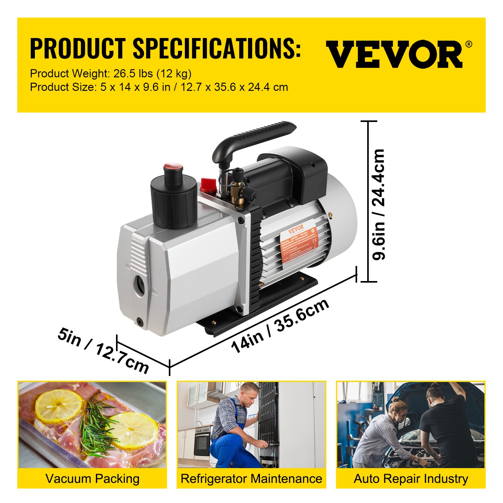 VEVOR Pompa a Vuoto 35,6 x 12,7 x24,4 cm Pompa a Vuoto per Aria Condizionata 226,53 L/min a Due Stadi 220V 0,3PA Strumento HVA per Vuoto Ultimate per Riparazione di Automobili Evacuazione Sotto Vuoto