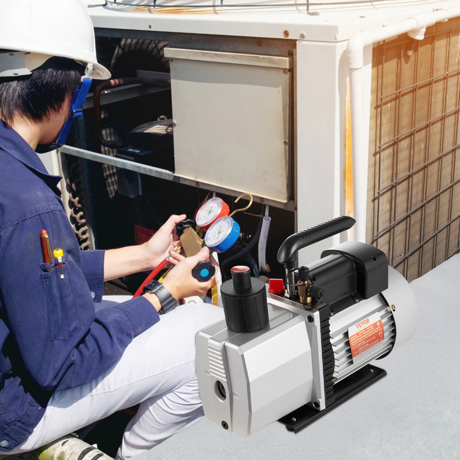 VEVOR Pompa a Vuoto 35,6 x 12,7 x24,4 cm Pompa a Vuoto per Aria Condizionata 226,53 L/min a Due Stadi 220V 0,3PA Strumento HVA per Vuoto Ultimate per Riparazione di Automobili Evacuazione Sotto Vuoto
