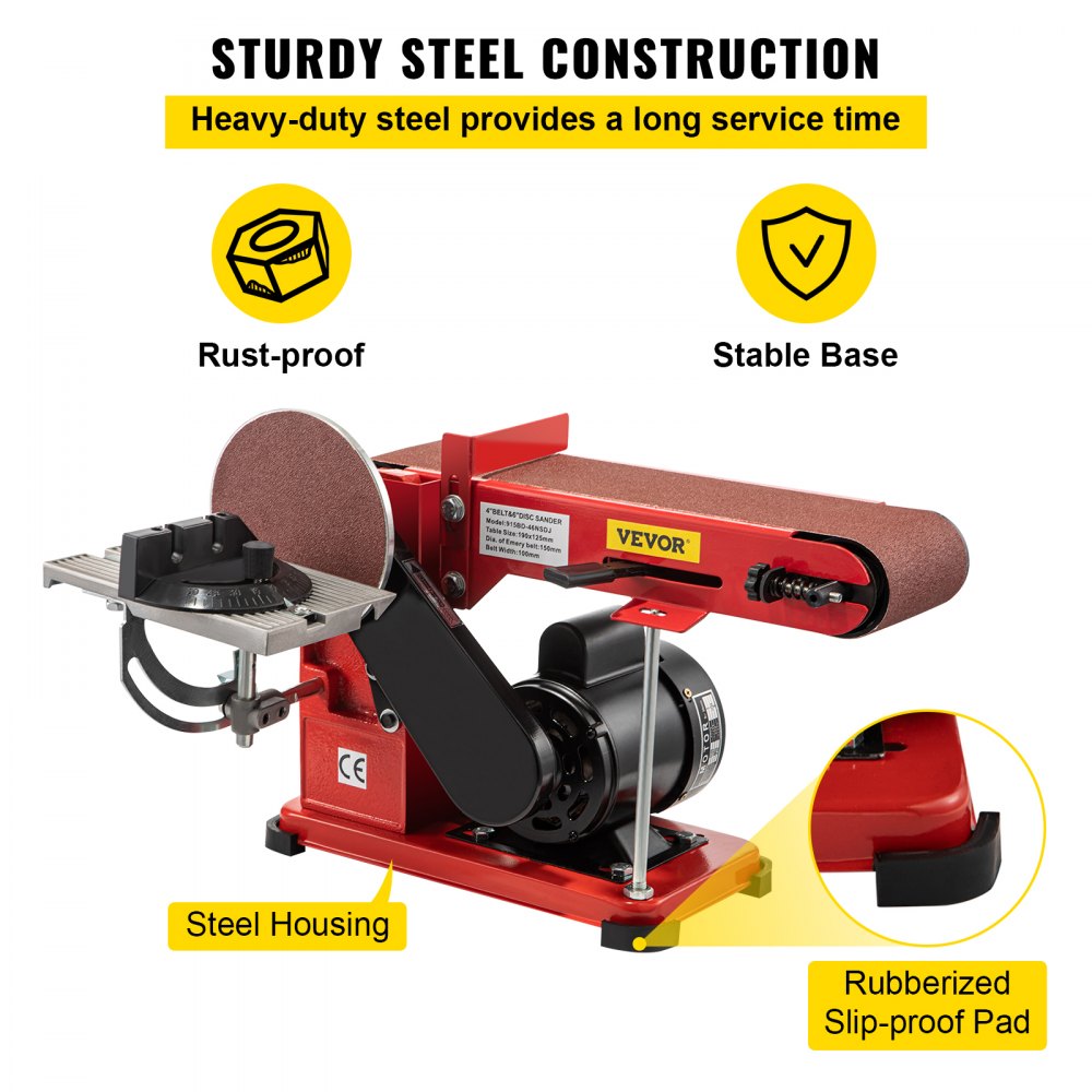 VEVOR Levigatrice a Nastro da Banco 375W, Levigatrice a Disco a Nastro, Velocità 1420 giri / min, Levigatura Orizzontale e Verticale Piattaforma del Nastro 10x91,5 cm, per Fabbriche di Materiali da Costruzione