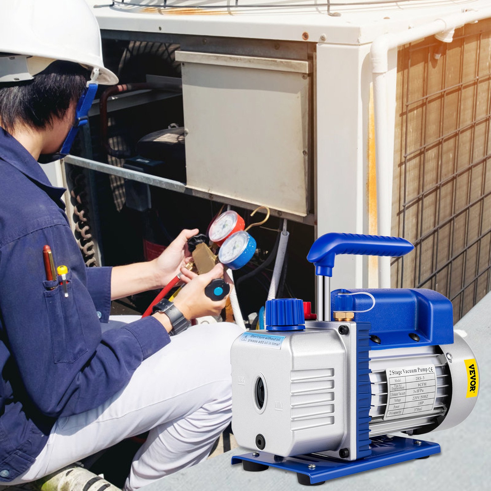VEVOR Pompa per Vuoto per Aria Condizionata 9 CFM, Kit Pompa per Vuoto Automatica 1 HP, Radiatore Intelligente, Condizionatore d'aria per Frigorifero con Manometro 220 V, Manutenzione Automatica, Auto