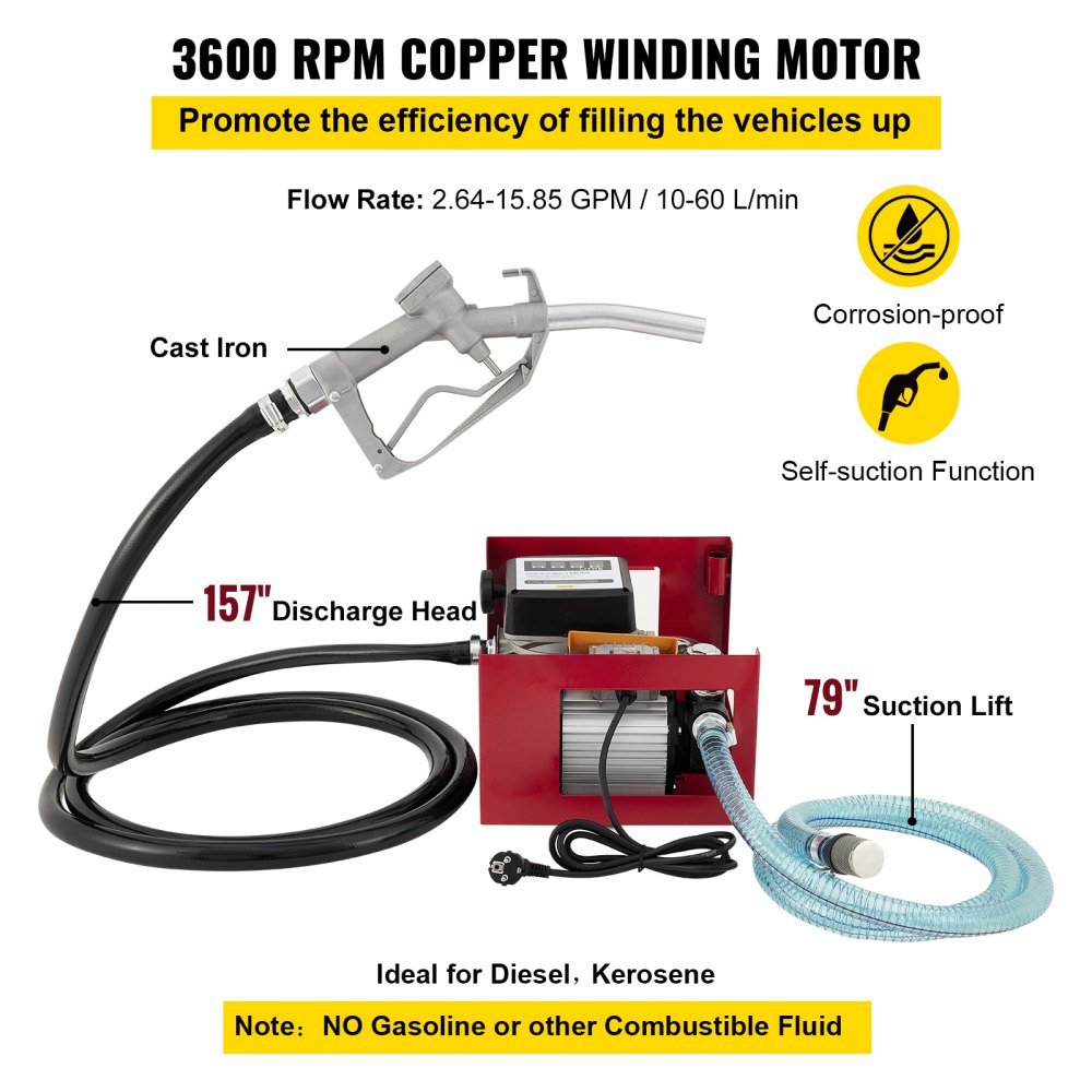 VEVOR Pompa 220V Portata Max. da 60L/min per Diesel & Cherosene Funzione Automatica con Pistola da Operazione Manuale Motore 550W 3600 giri/min