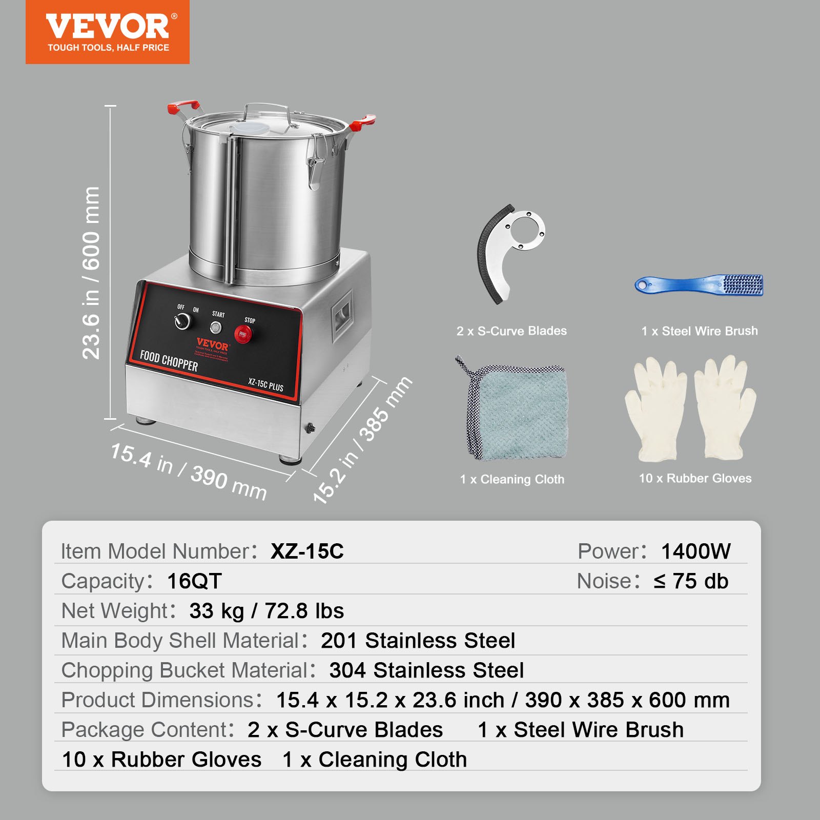 VEVOR Electric Vegetable Slicer, 1400W, 17.62L Stainless Steel Multi-Cutter for Fruits and Vegetables, Hotels, Salad Shops, Snack Bars, Kitchen Appliances, Machines with Push Buttons