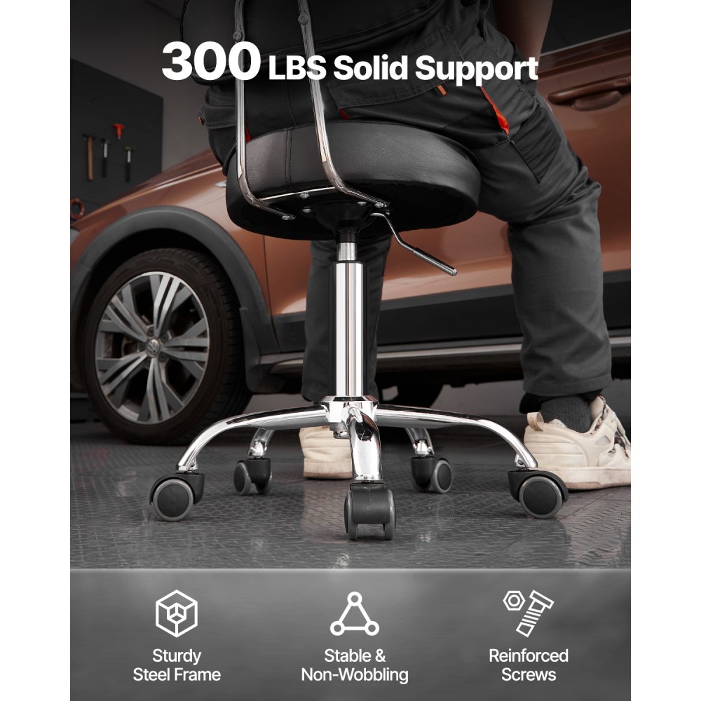 VEVOR Sgabello da Officina Imbottito Girevole a 360° con Schienale, Sgabello da Lavoro con Ruote, Carico 136 kg Sedile con Rotelle Regolabile, per Garage, Officina e Riparazione Auto, Nero