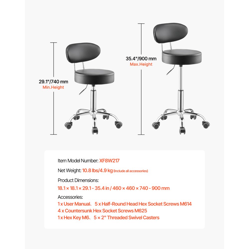 VEVOR Sgabello da Officina Imbottito Girevole a 360° con Schienale, Sgabello da Lavoro con Ruote, Carico 136 kg Sedile con Rotelle Regolabile, per Garage, Officina e Riparazione Auto, Nero