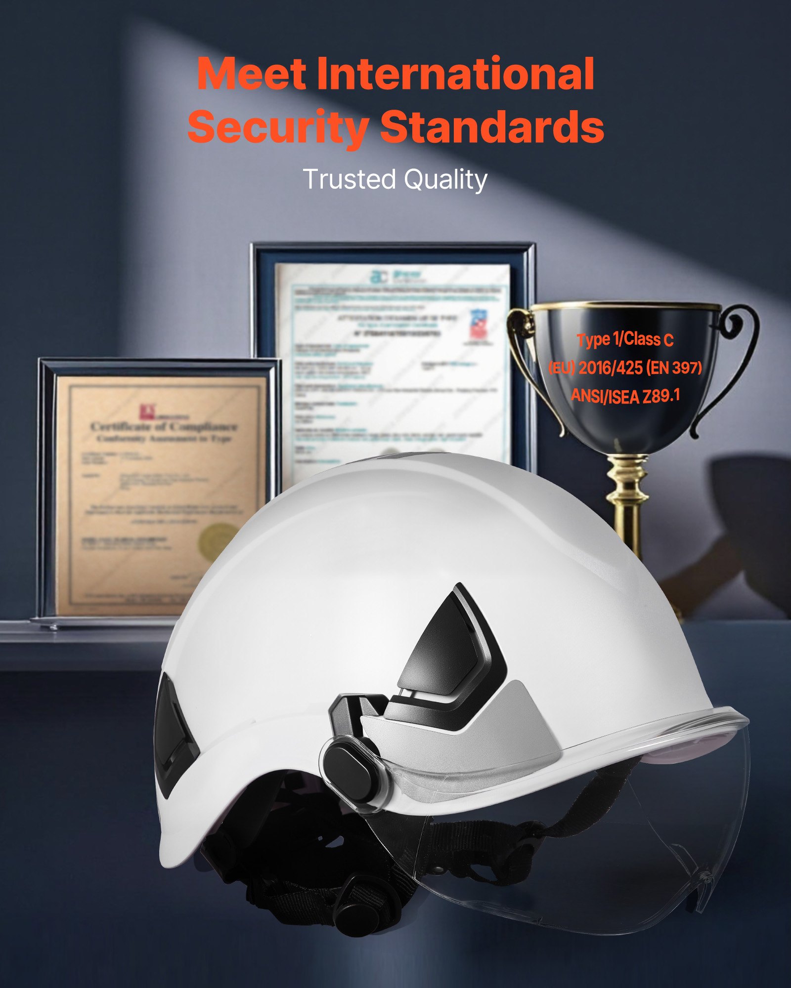 VEVOR Casco di Sicurezza Omologato ANSI/ISEA Z89.1 con Visiera senza Cuffie con Sospensione a Cricchetto a 6 Punti, Casco Protettivo da Lavoro Costruzione per Edilizia Industriale