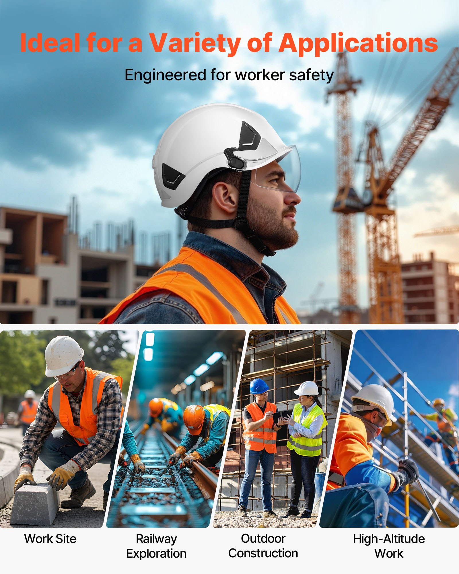 VEVOR Casco di Sicurezza Omologato ANSI/ISEA Z89.1 con Visiera senza Cuffie con Sospensione a Cricchetto a 6 Punti, Casco Protettivo da Lavoro Costruzione per Edilizia Industriale