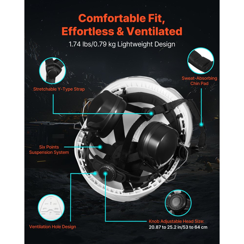 VEVOR Casco di Sicurezza in ABS Omologato ANSI/ISEA Z89.1 con Visiera e Cuffie Antirumore, Casco Protettivo da Lavoro Costruzione, per Edilizia Industriale, Bianco