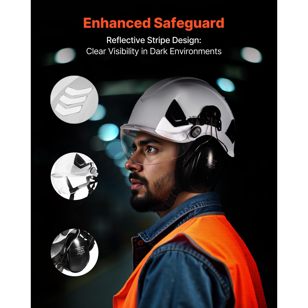 VEVOR Casco di Sicurezza in ABS Omologato ANSI/ISEA Z89.1 con Visiera e Cuffie Antirumore, Casco Protettivo da Lavoro Costruzione, per Edilizia Industriale, Bianco
