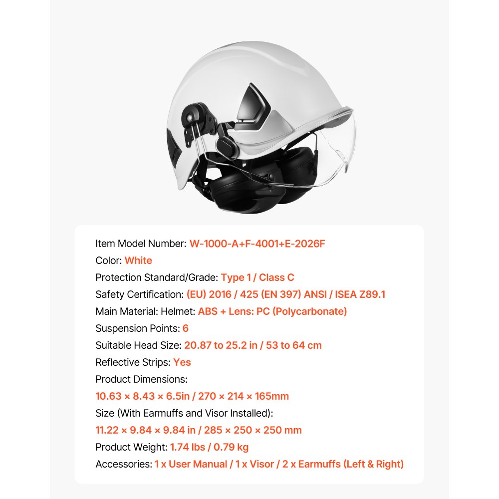 VEVOR Casco di Sicurezza in ABS Omologato ANSI/ISEA Z89.1 con Visiera e Cuffie Antirumore, Casco Protettivo da Lavoro Costruzione, per Edilizia Industriale, Bianco