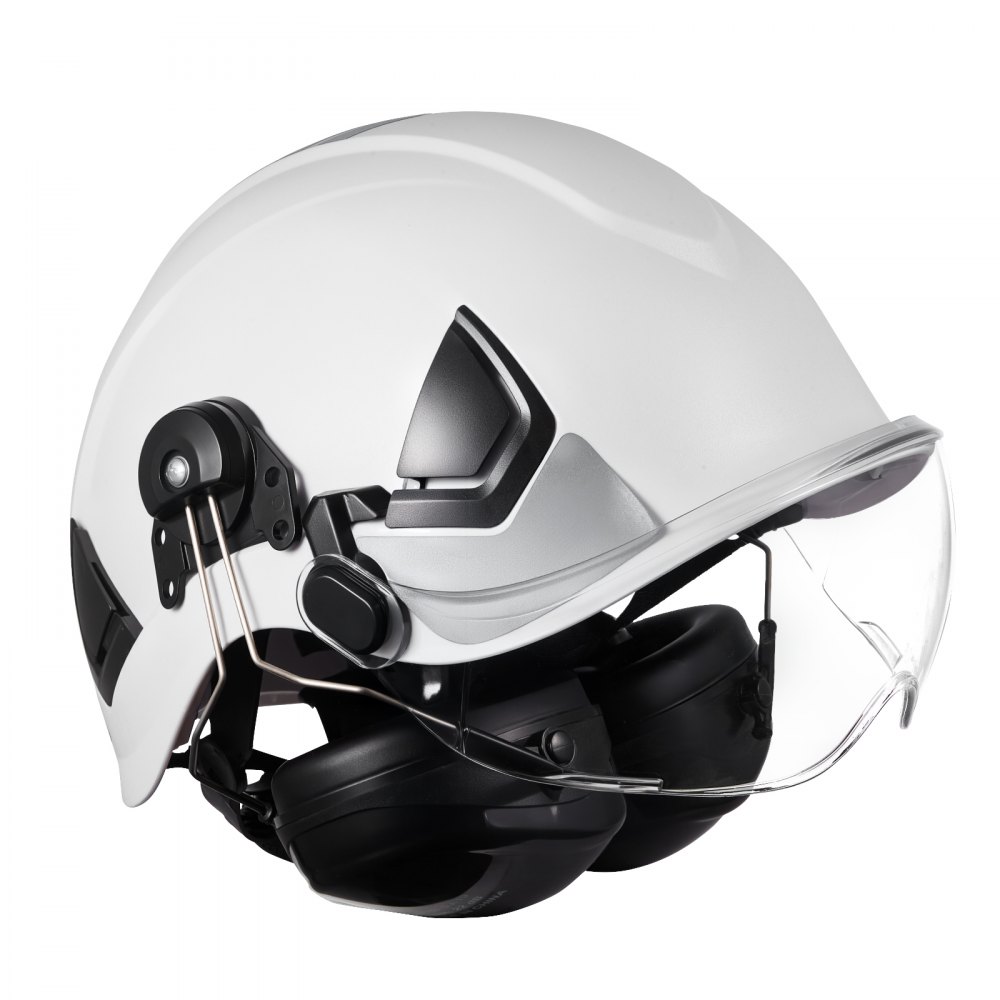 VEVOR Casco di Sicurezza in ABS Omologato ANSI/ISEA Z89.1 con Visiera e Cuffie Antirumore, Casco Protettivo da Lavoro Costruzione, per Edilizia Industriale, Bianco