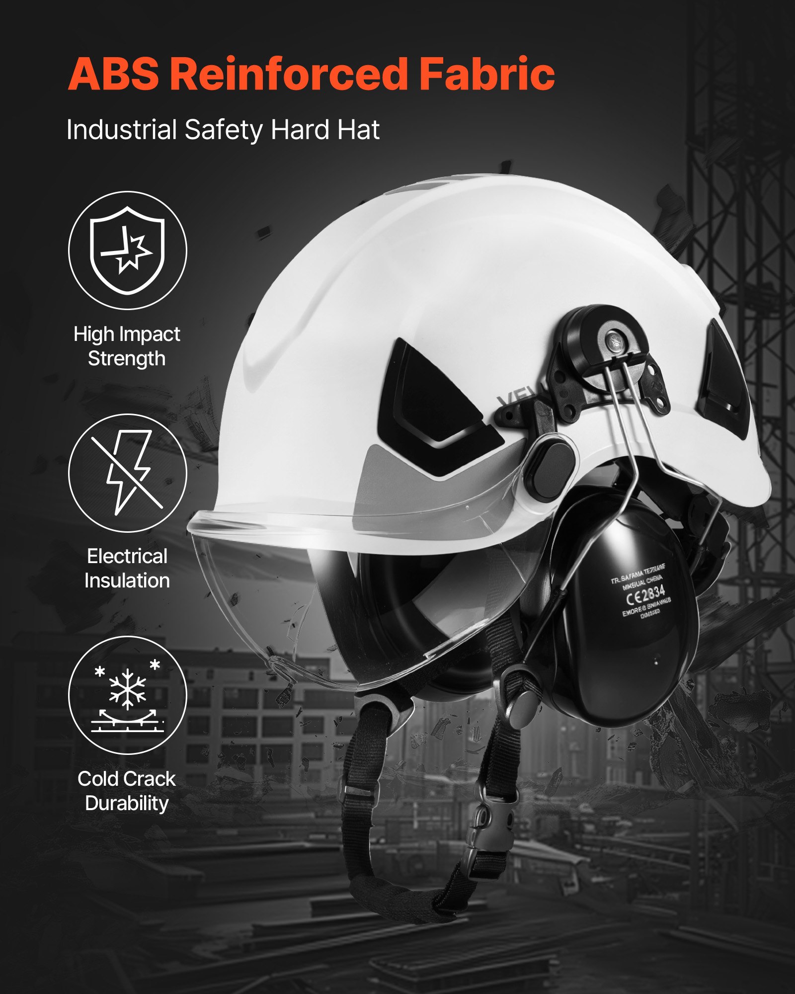 VEVOR Casco di Sicurezza in ABS Omologato ANSI/ISEA Z89.1 con Visiera e Cuffie Antirumore, Casco Protettivo da Lavoro Costruzione, per Edilizia Industriale, Bianco