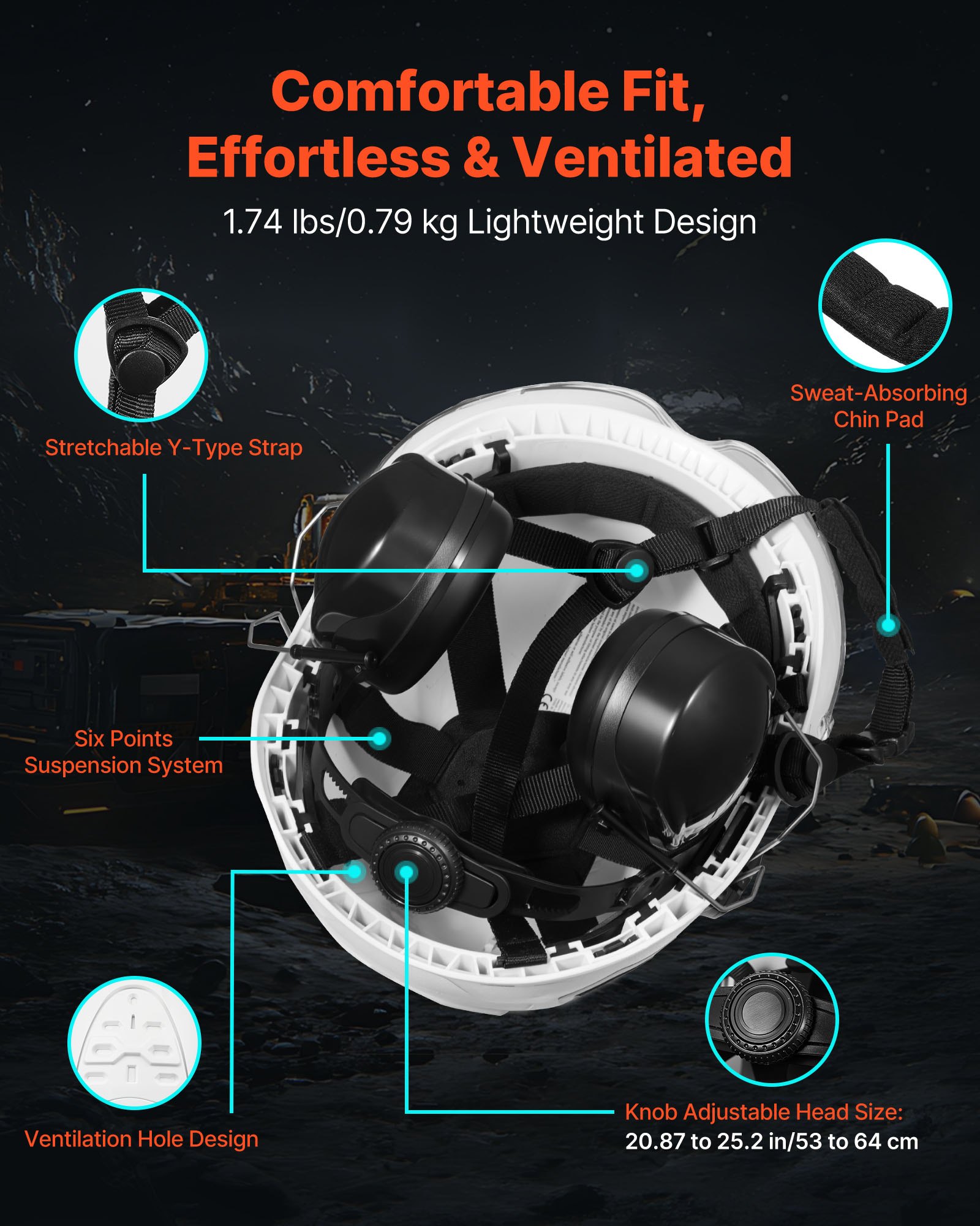 VEVOR Casco di Sicurezza in ABS Omologato ANSI/ISEA Z89.1 con Visiera e Cuffie Antirumore, Casco Protettivo da Lavoro Costruzione, per Edilizia Industriale, Bianco