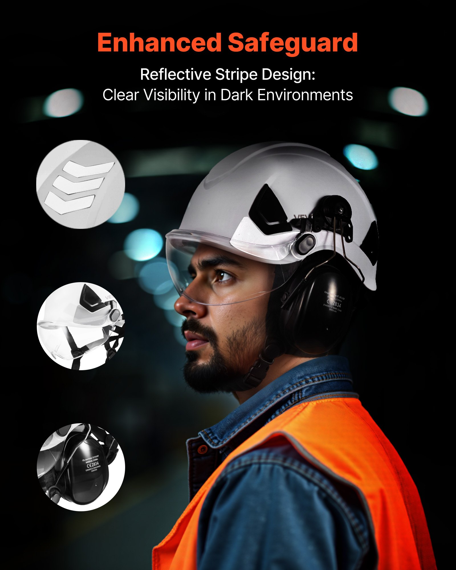 VEVOR Casco di Sicurezza in ABS Omologato ANSI/ISEA Z89.1 con Visiera e Cuffie Antirumore, Casco Protettivo da Lavoro Costruzione, per Edilizia Industriale, Bianco