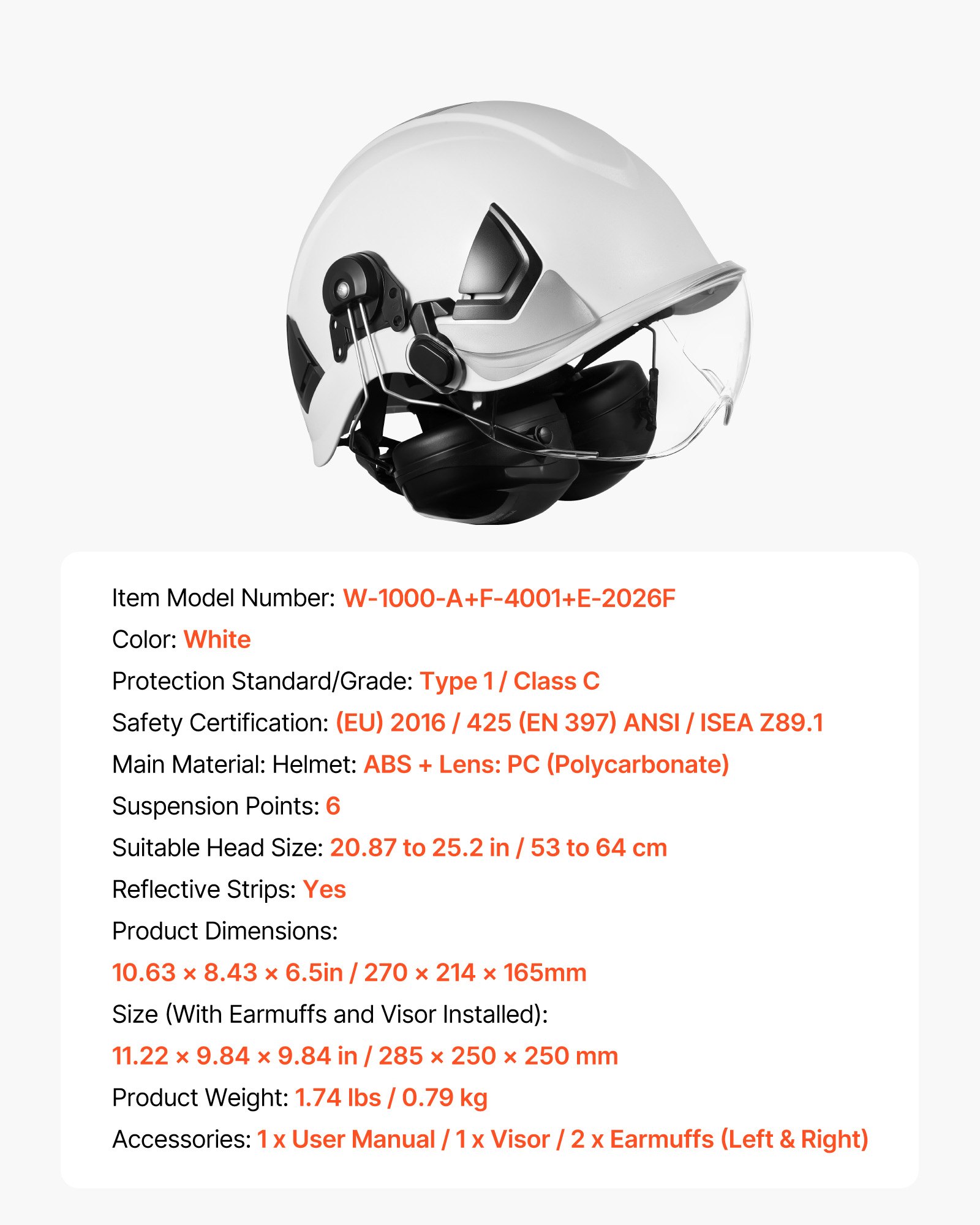 VEVOR Casco di Sicurezza in ABS Omologato ANSI/ISEA Z89.1 con Visiera e Cuffie Antirumore, Casco Protettivo da Lavoro Costruzione, per Edilizia Industriale, Bianco