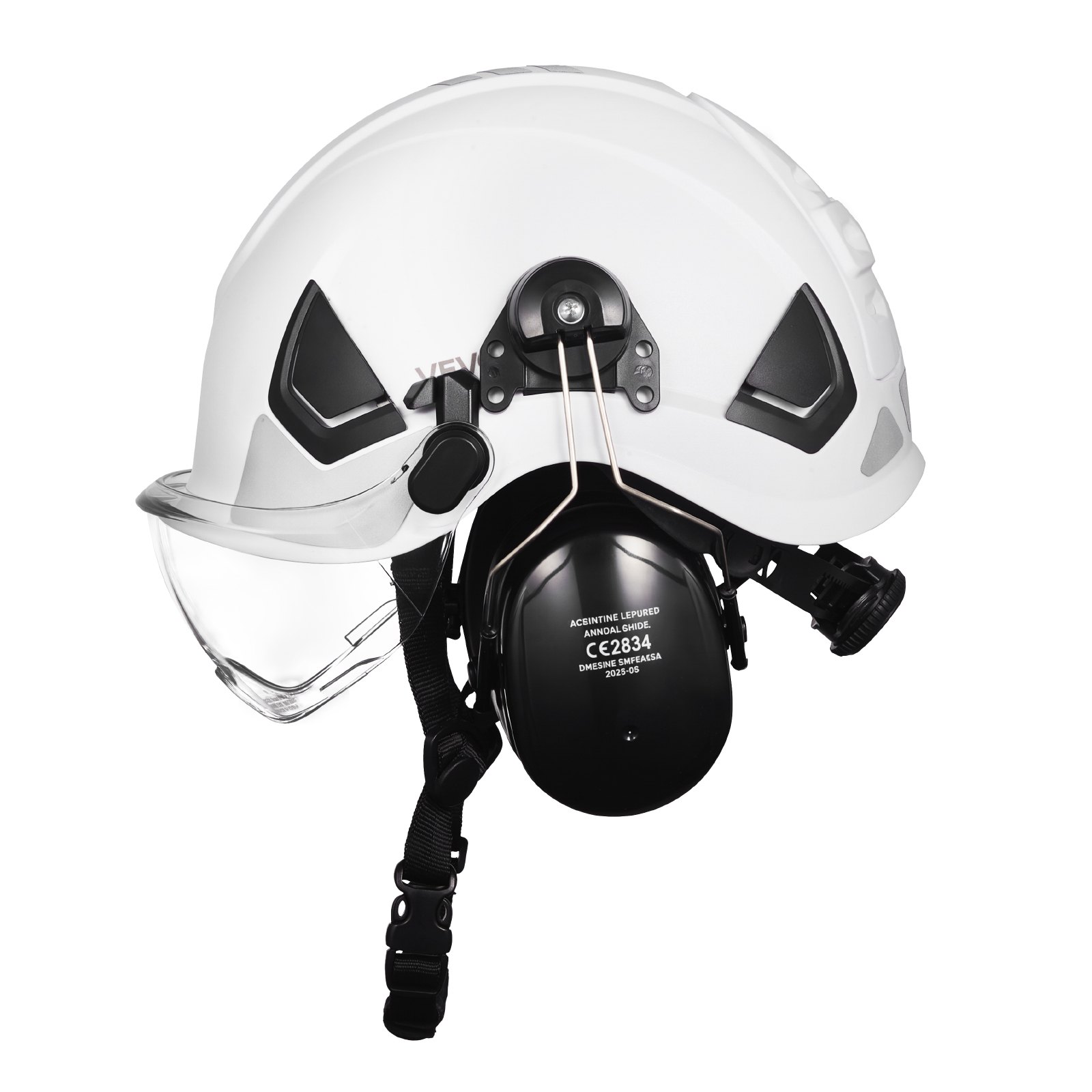 VEVOR Casco di Sicurezza in ABS Omologato ANSI/ISEA Z89.1 con Visiera e Cuffie Antirumore, Casco Protettivo da Lavoro Costruzione, per Edilizia Industriale, Bianco