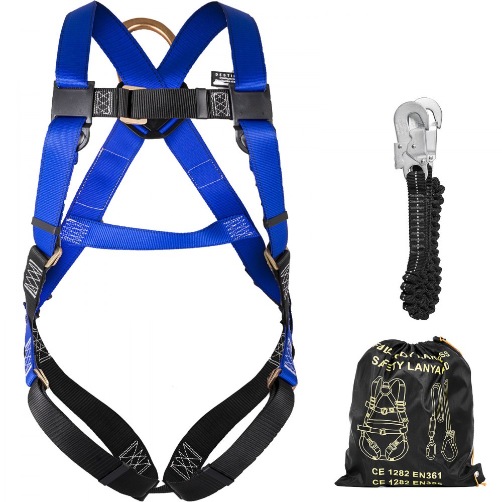 Fall Protection Full Body Construction Harness and Shock Absorbing Lanyard Combo Set