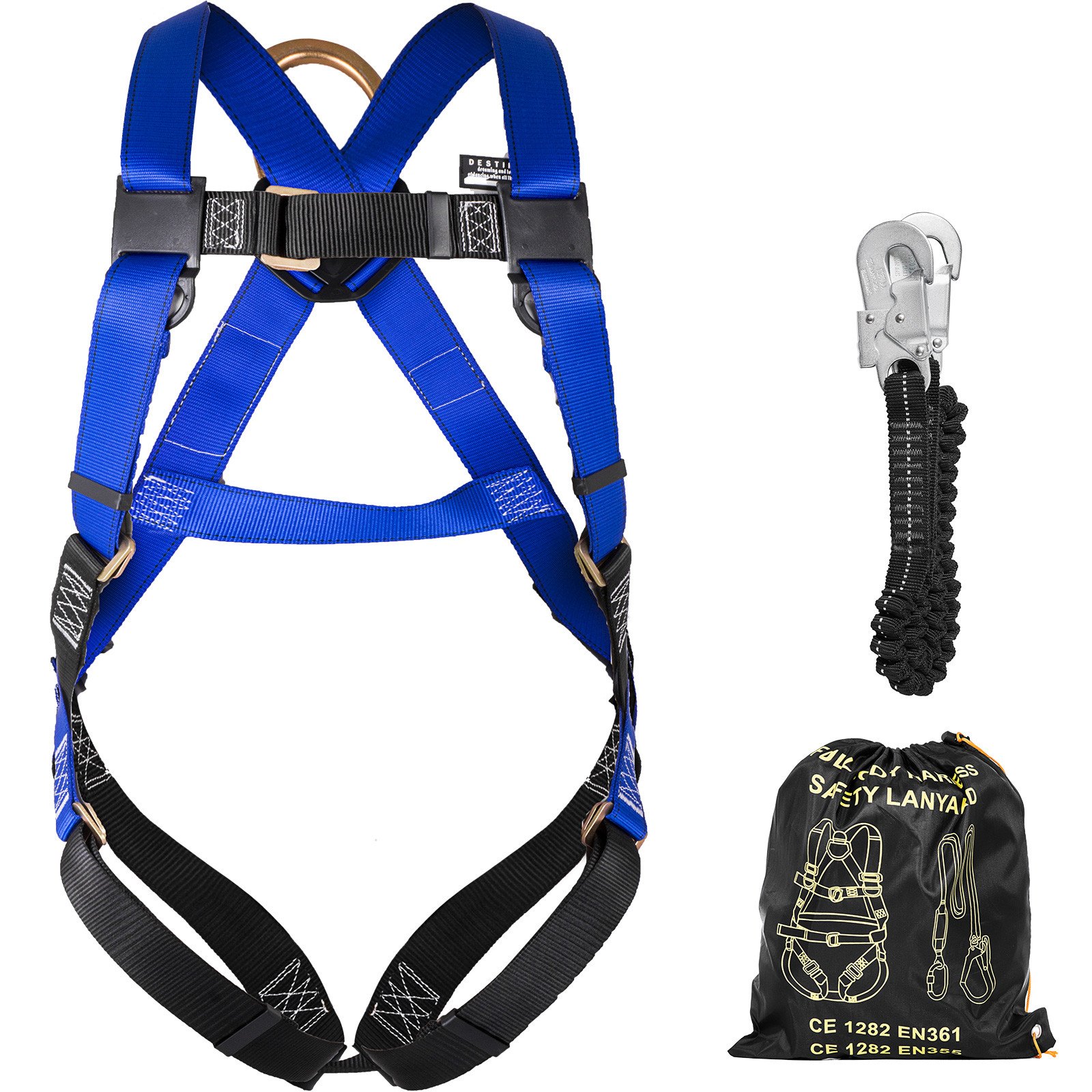 Fall Protection Full Body Construction Harness and Shock Absorbing Lanyard Combo Set