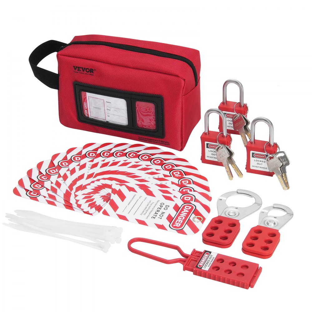 VEVOR Kit di Etichettatura di Blocco Elettrico da 26 Pezzi, Kit di Sicurezza Loto Include Lucchetti, Chiusure, Etichette, Fascette in Nylon, Borsa per Trasporto, per Energia Elettrica Macchinari