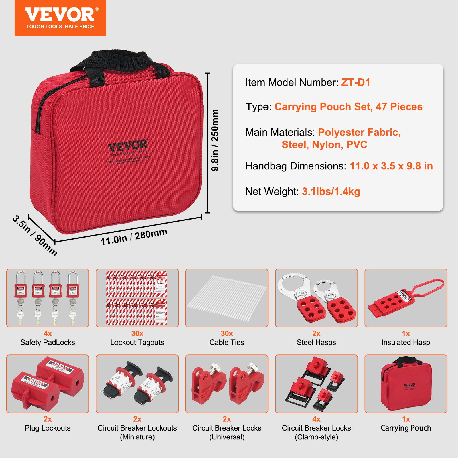 VEVOR Kit di Etichettatura di Blocco Elettrico da 47 Pezzi, Kit di Sicurezza Loto Include Lucchetti, Fermagli, Etichette, Blocchi di Spine, Borsa per Trasporto, per Energia Elettrica Industriale