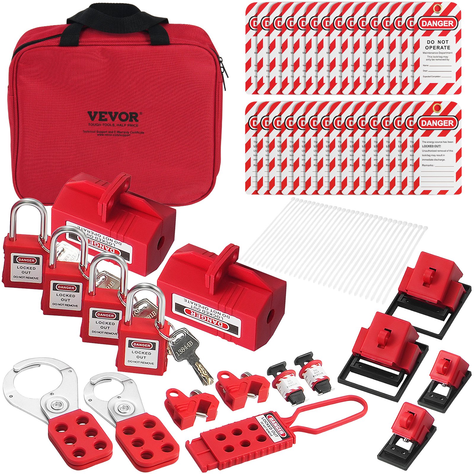 VEVOR Kit di Etichettatura di Blocco Elettrico da 47 Pezzi, Kit di Sicurezza Loto Include Lucchetti, Fermagli, Etichette, Blocchi di Spine, Borsa per Trasporto, per Energia Elettrica Industriale