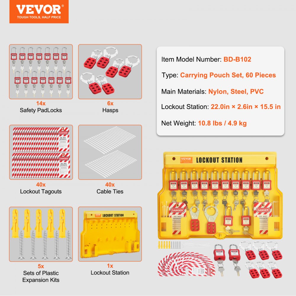 VEVOR Electric Lockout-Tagout Kit, 60-piece safety lockout-tagout station including padlocks, hasps, tags, nylon ties, expansion kit and lockout station board
