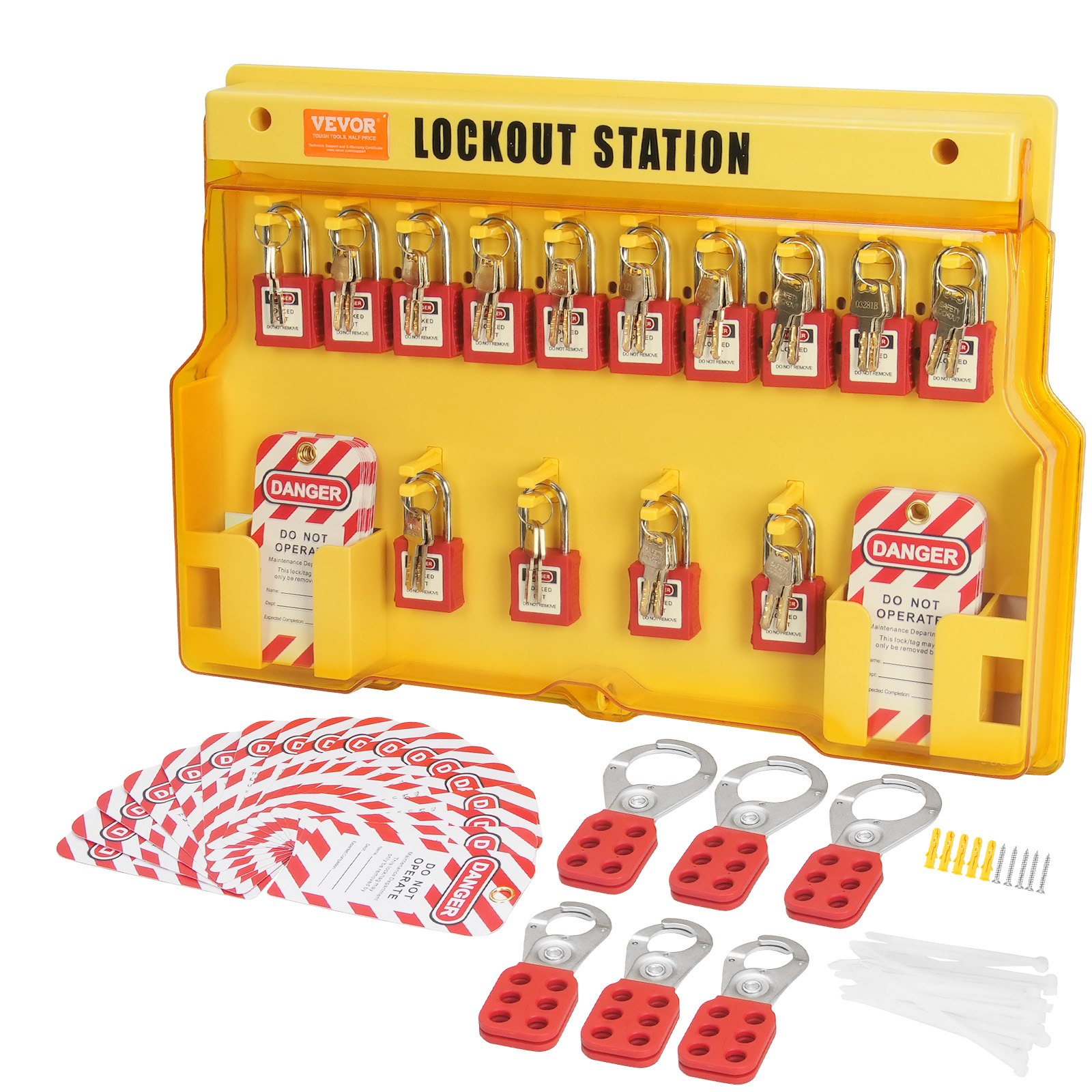 VEVOR Electric Lockout-Tagout Kit, 60-piece safety lockout-tagout station including padlocks, hasps, tags, nylon ties, expansion kit and lockout station board