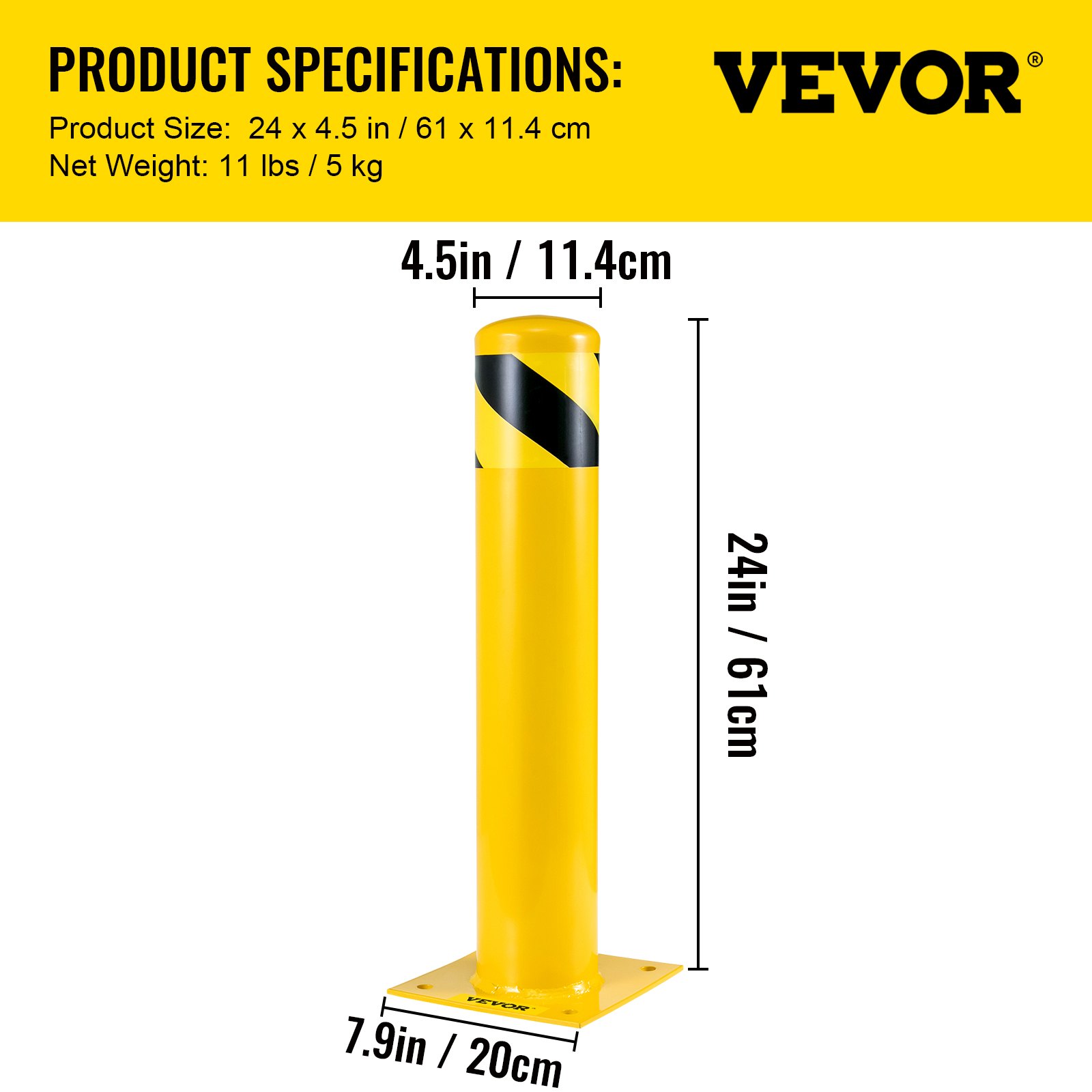VEVOR Pali Sicurezza 24"x4.5" Barriera di Sicurezza 4-1/2" OD 24" Altezza, Tubi Verniciati a Polvere Gialla con 4 Bulloni di Ancoraggio Gratuiti per Aree Sensibili al Traffico